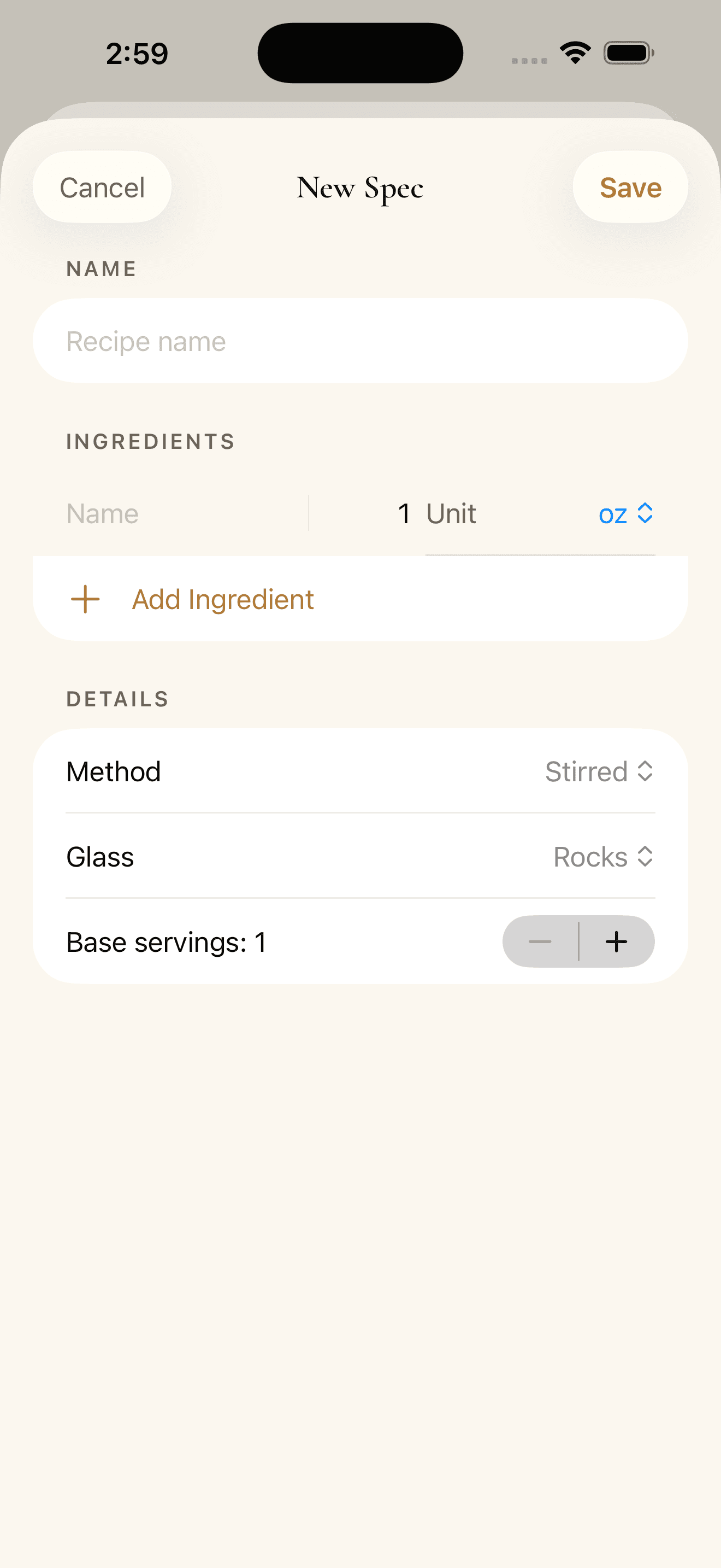 InkBar new recipe form with ingredient and drink detail fields.