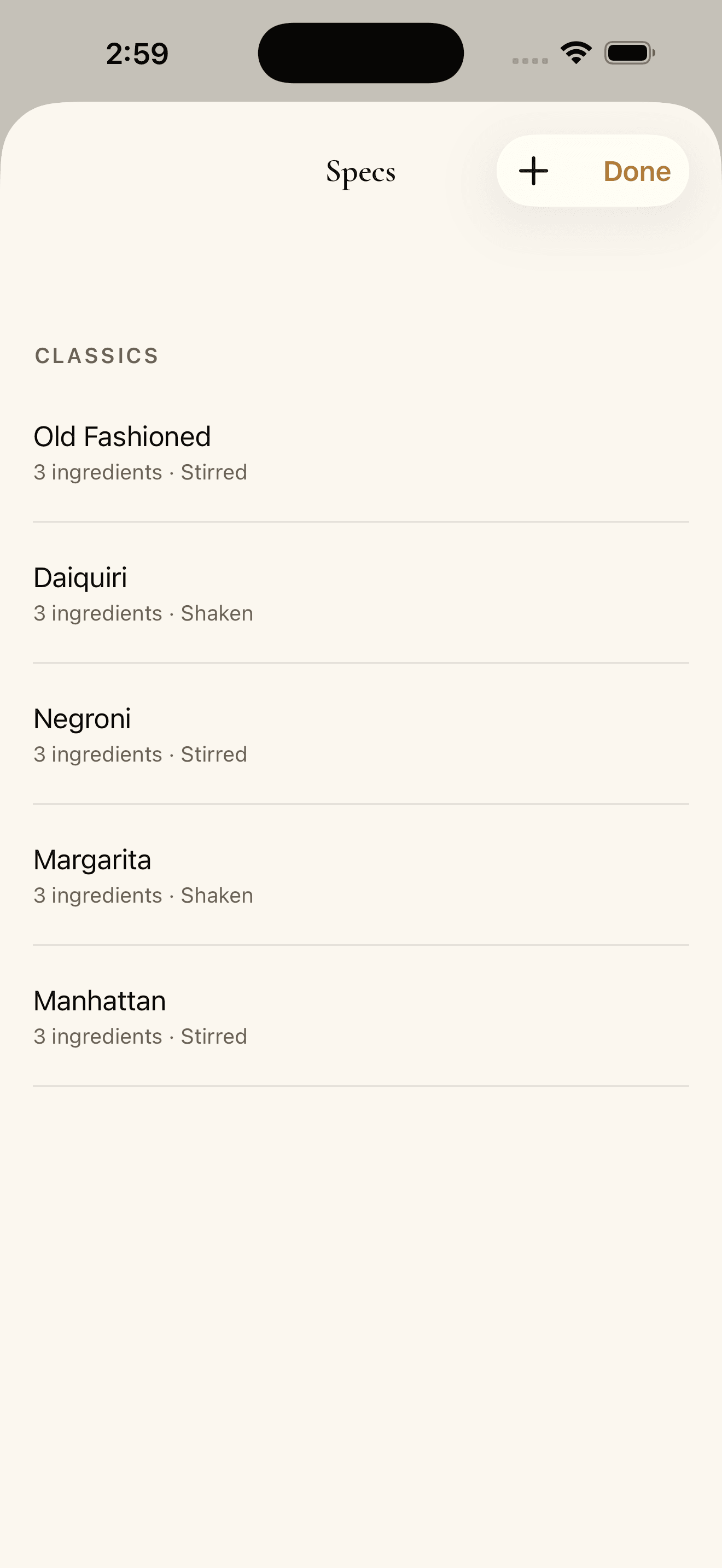 InkBar specs library showing bundled classic cocktails.