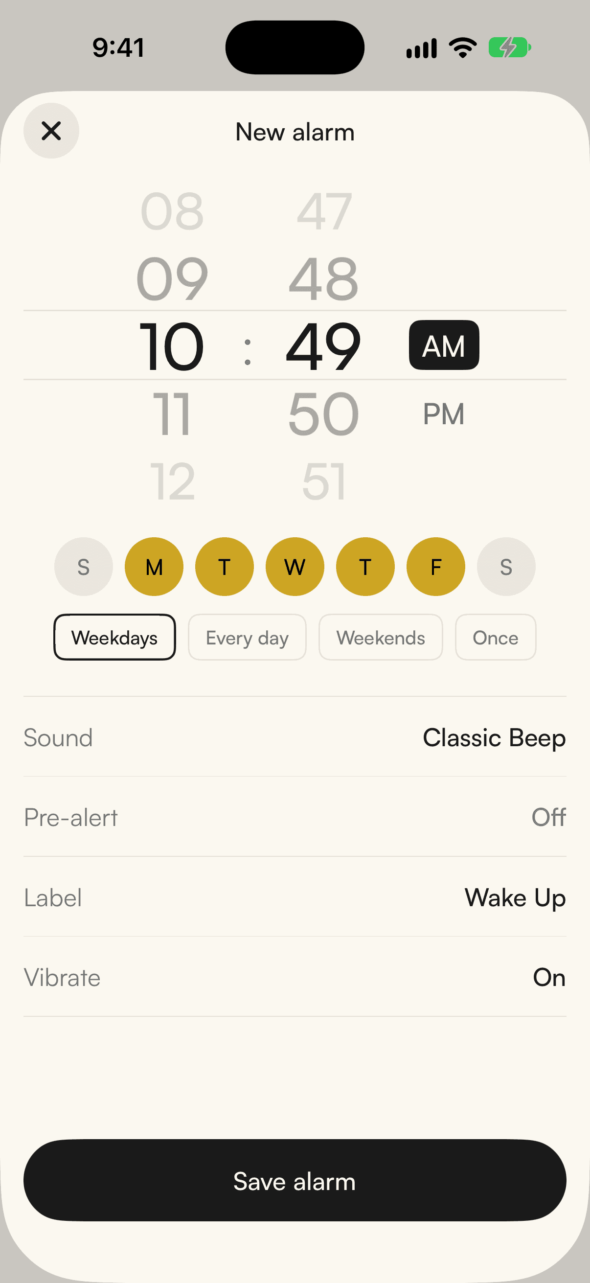 MOOV new alarm screen with a weekday schedule.