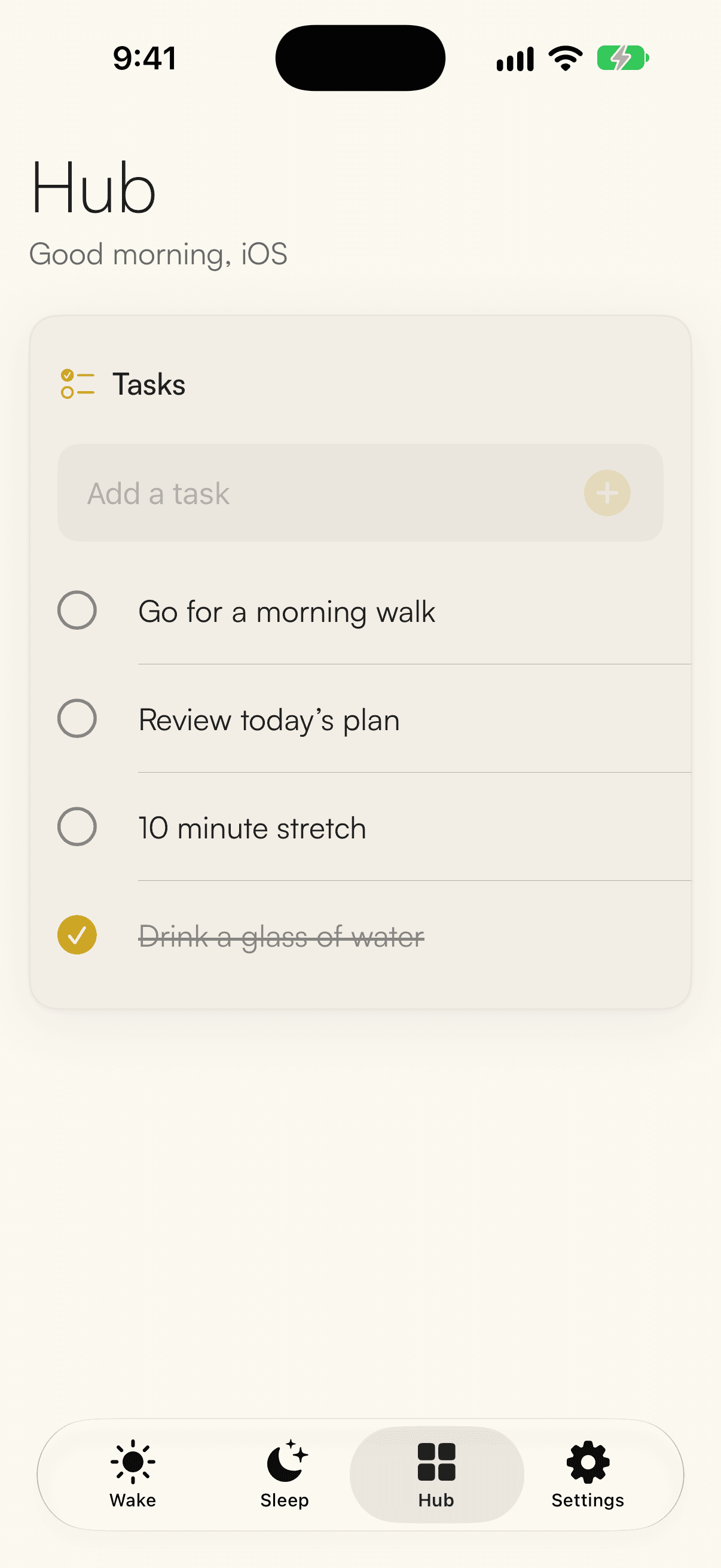 MOOV hub with a short morning task list.